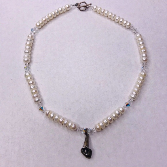 Lety G Sterling Silver Calla Lily FLower Charm Pearl Necklace Faceted Glass Bead - Picture 2 of 12